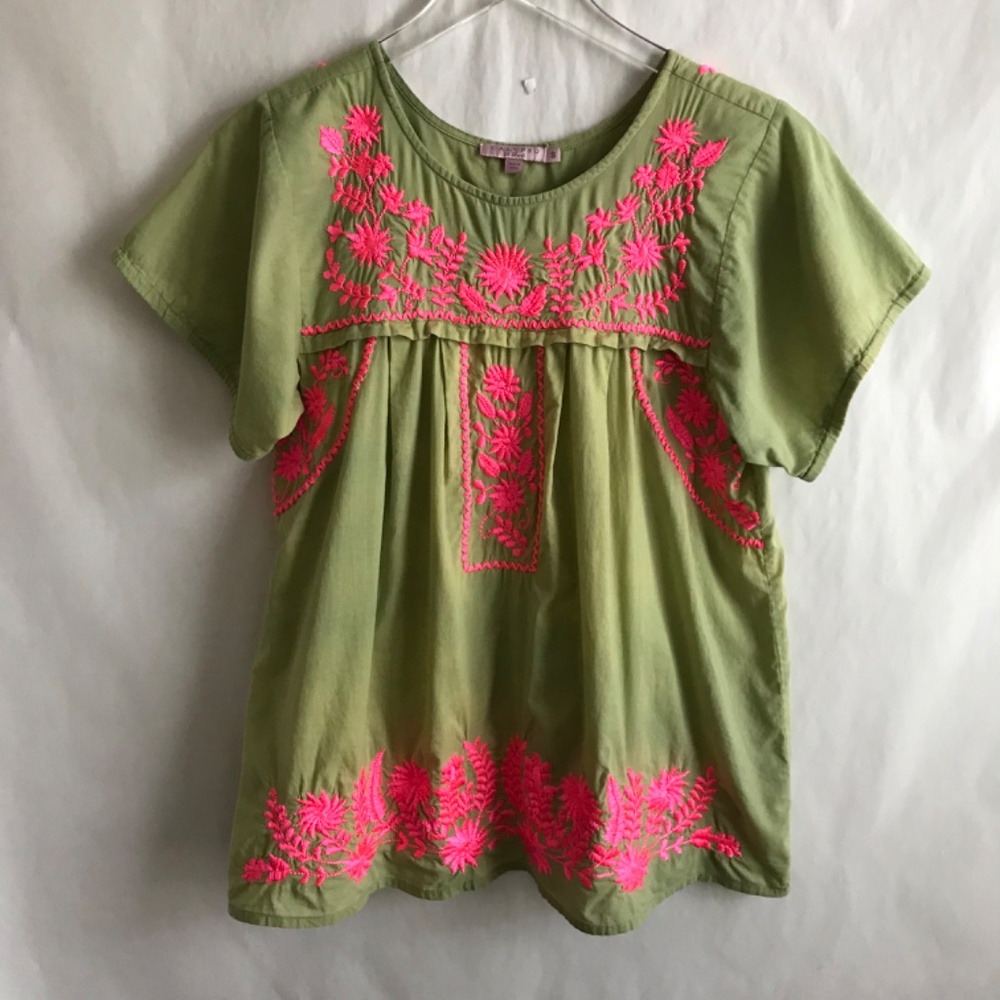 Calypso St Barth Embroidered Floral Cotton Top S Short Sleeve Peasant Colorful